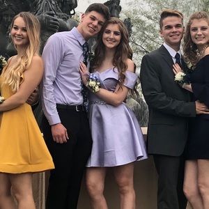 Lavender, short formal dress.